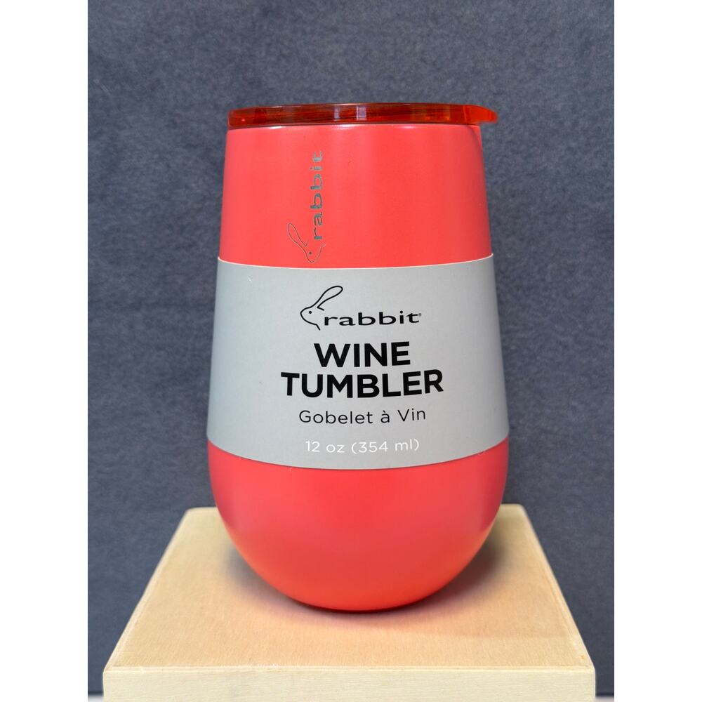 Rabbit 12 oz Double Wall Stainless Steel Wine Tumbler wClear Lid Coral Pink New